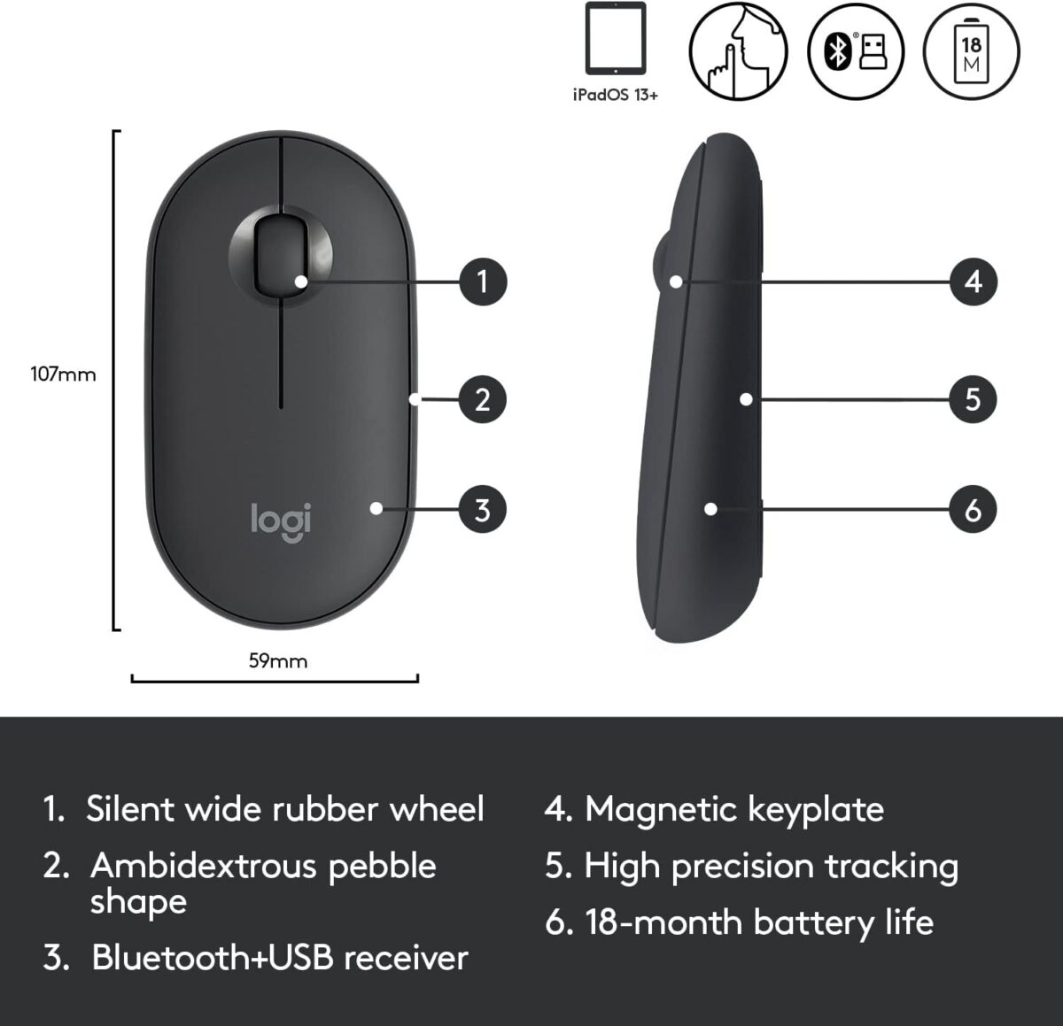 Logitech Pebble 2 M350S Black — Mouse inalámbrico, bluetooth, delgado y compacto - Imagen 5