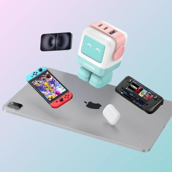 UGREEN Uno 65W Pink Blue — Cargador de 3 puertos GaN, carga rápida, 2 puertos USB-C, 1 puerto USB-A, azul rosa - Imagen 2