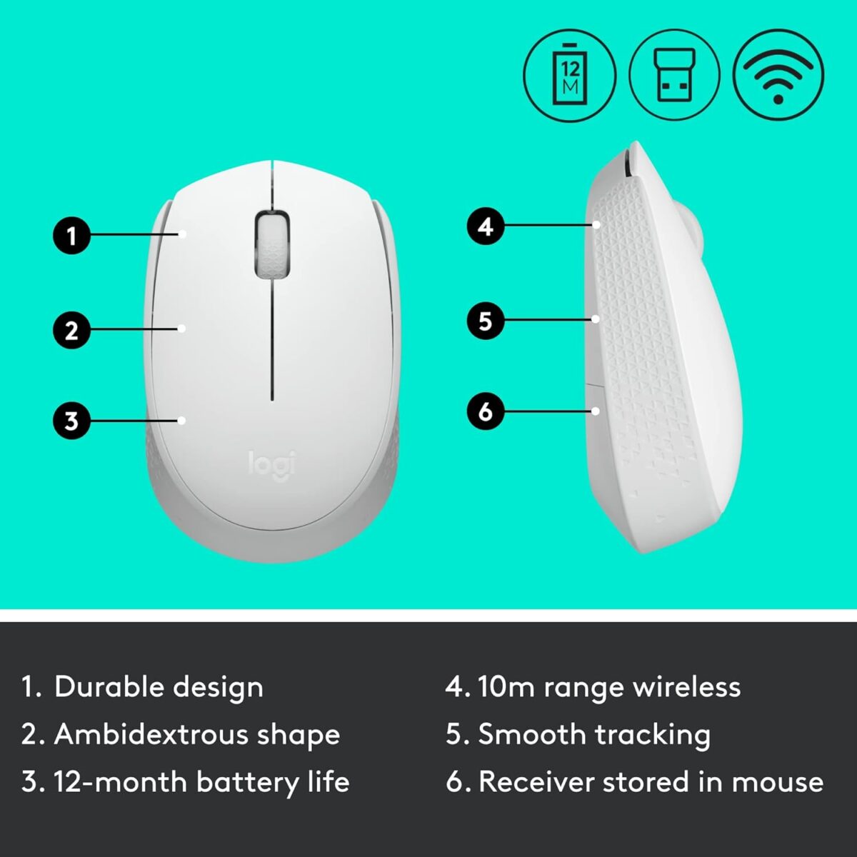 Logitech M170 Off-White — Mouse Inalámbrico, USB, 1000DPI, Blanco - Imagen 8