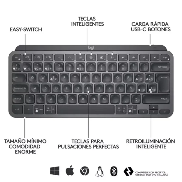 Logitech MX Keys Mini Grafito — Teclado inalámbrico, RF Wireless/Bluetooth, Español - Imagen 3