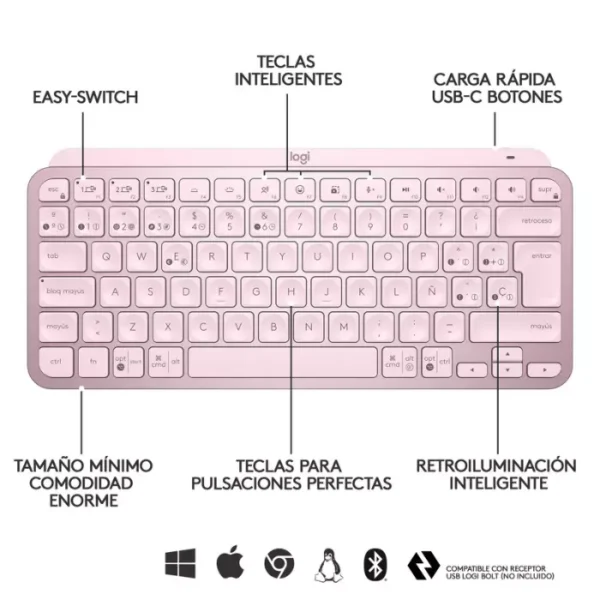 Logitech MX Keys Mini Rosa — Teclado inalámbrico, RF Wireless/Bluetooth, Español - Imagen 3