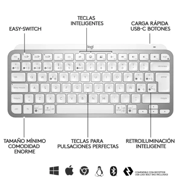 Logitech MX Keys Mini Blanco — Teclado inalámbrico, RF Wireless/Bluetooth, Español - Imagen 3
