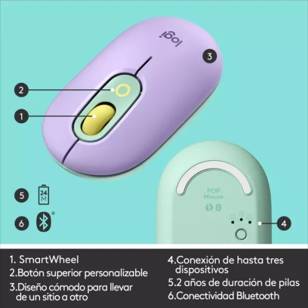 Logitech POP Mouse Daydream Mint — Inalámbrico, Bluetooth, EasySwitch, Violeta/Menta - Imagen 4