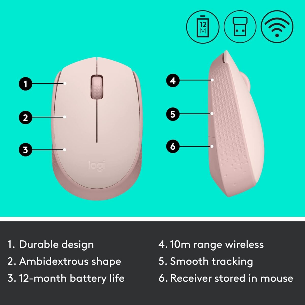 71CPQLEZSmL._AC_SL1500_ Logitech M170 Rose — Mouse Inalámbrico, USB, 1000DPI, Rosa - Imagen 8