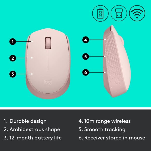 Logitech M170 Rose — Mouse Inalámbrico, USB, 1000DPI, Rosa - Imagen 8