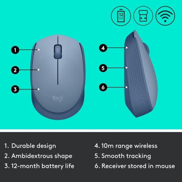 Logitech M170 Blue Gray — Mouse Inalámbrico, USB, 1000DPI, Azul - Imagen 8