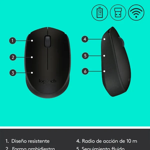 Logitech M170 Black — Mouse Inalámbrico, USB, 1000DPI, Negro/Gris - Imagen 7