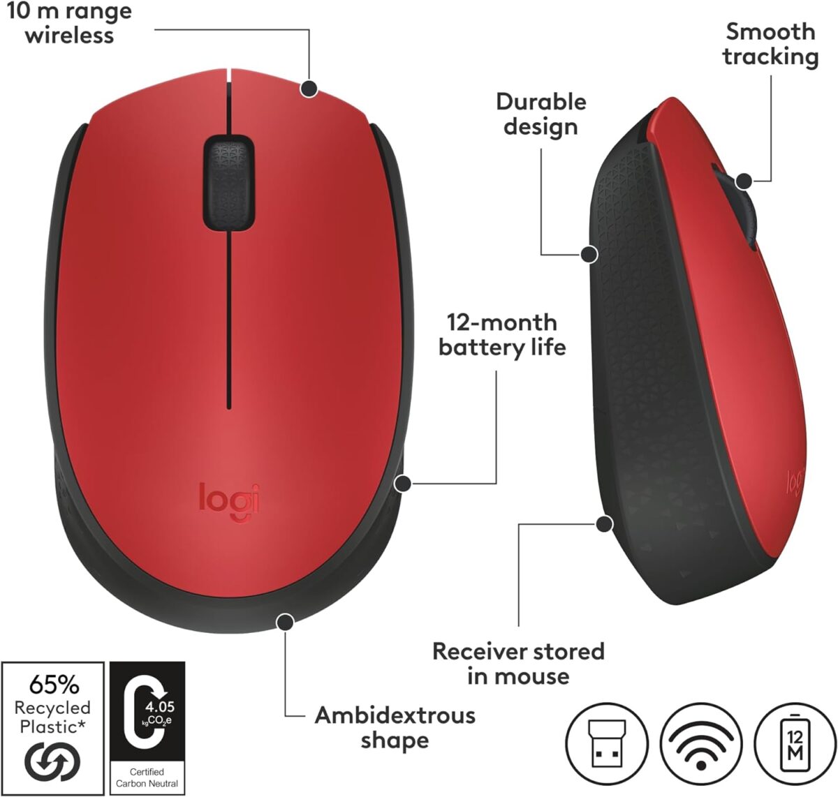 Logitech M170 Red - Mouse Inalámbrico, USB, 1000DPI, Negro/Rojo - Imagen 9