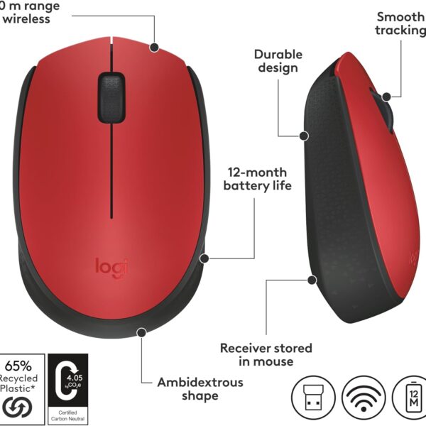 Logitech M170 Red - Mouse Inalámbrico, USB, 1000DPI, Negro/Rojo - Imagen 9