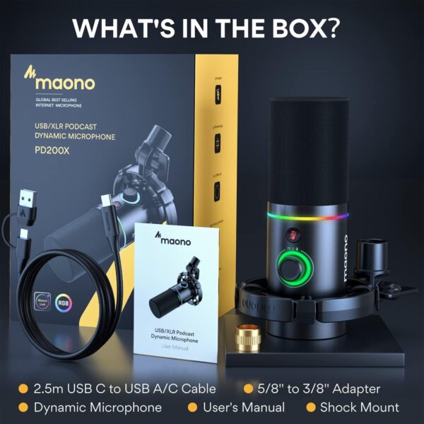 Maono PD200X — Micrófono dinámico USB/XLR, RGB, sin brazo - Imagen 2
