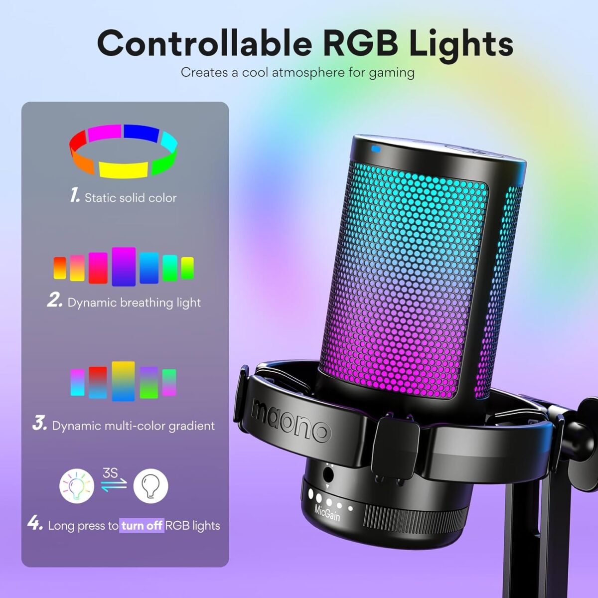 71KKnLWPJ8L._AC_SL1500_ Maono DGM20 GamerWave — Micrófono USB, cancelación de ruido, luces RGB - Imagen 7