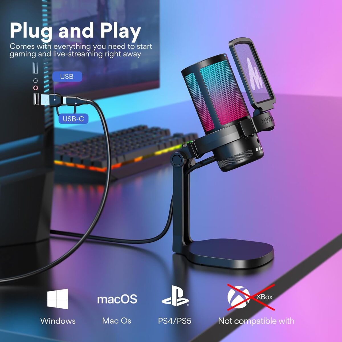 71THlVBr6oL._AC_SL1500_ Maono DGM20 GamerWave — Micrófono USB, cancelación de ruido, luces RGB - Imagen 4