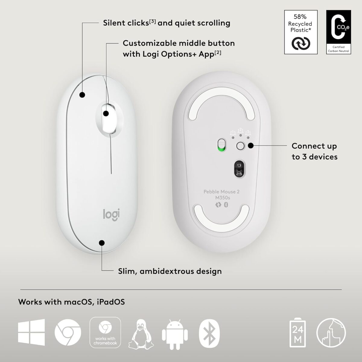 Logitech Pebble 2 M350S Blanco — Mouse inalámbrico, bluetooth, delgado y compacto - Imagen 7