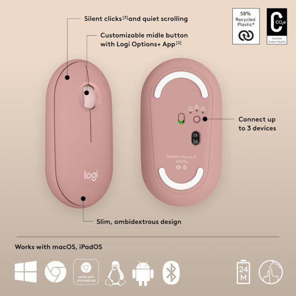 Logitech Pebble 2 M350S Rosa — Mouse inalámbrico, bluetooth, delgado y compacto - Imagen 7