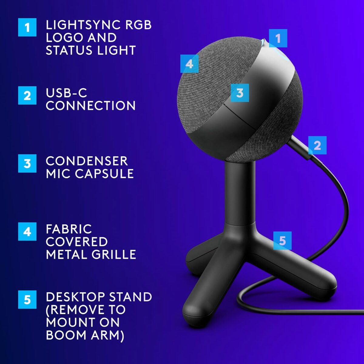 71VQ7d28NvL._AC_SL1500_ Logitech G Yeti Orb Black — Micrófono condensador RGB, LIGHTSYNC, negro - Imagen 4