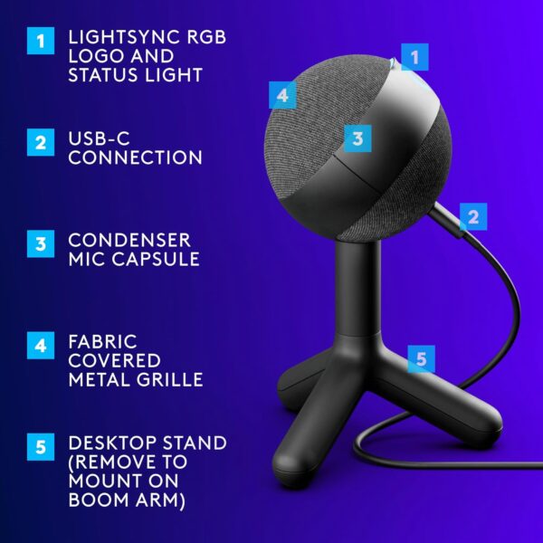 Logitech G Yeti Orb Black — Micrófono condensador RGB, LIGHTSYNC, negro - Imagen 4