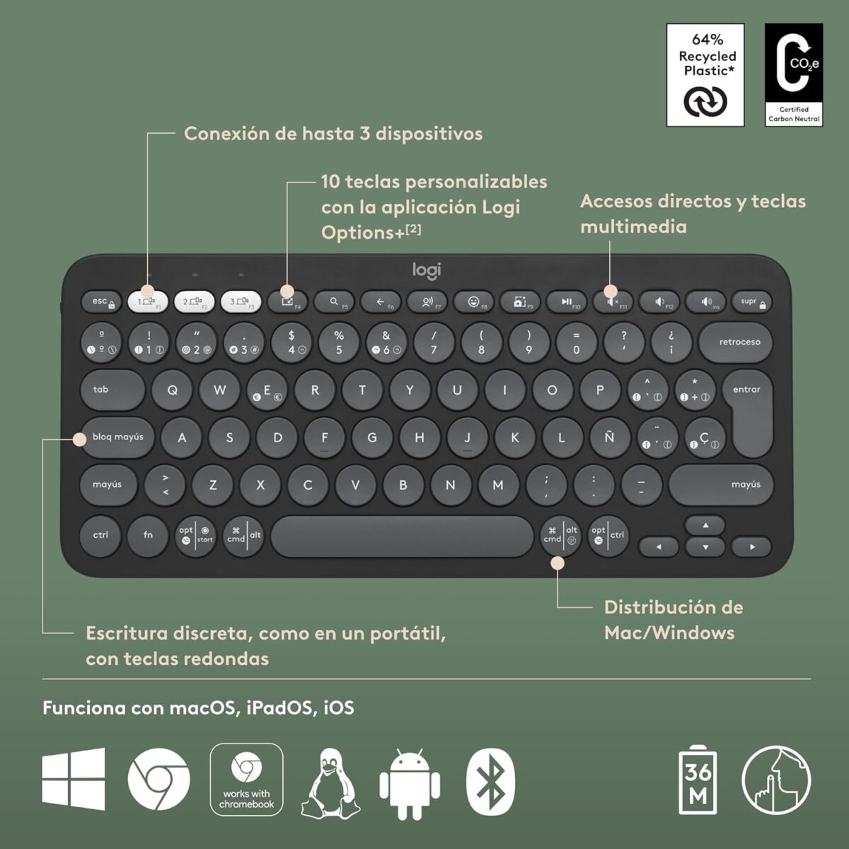 Logitech Pebble Keys 2 K380S Graphite — Teclado inalámbrico, Bluetooth, Español - Imagen 4