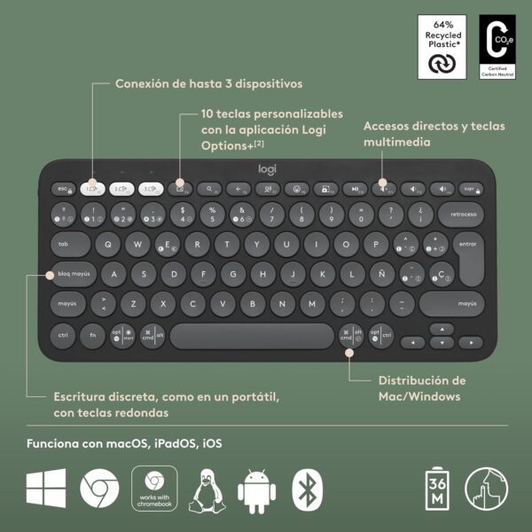 Logitech Pebble Keys 2 K380S Graphite — Teclado inalámbrico, Bluetooth, Español - Imagen 4
