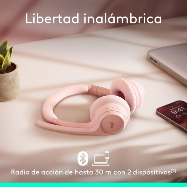Logitech Zone 300 Rose - Audífono inalámbrico, con micrófono, Rosa - Imagen 2