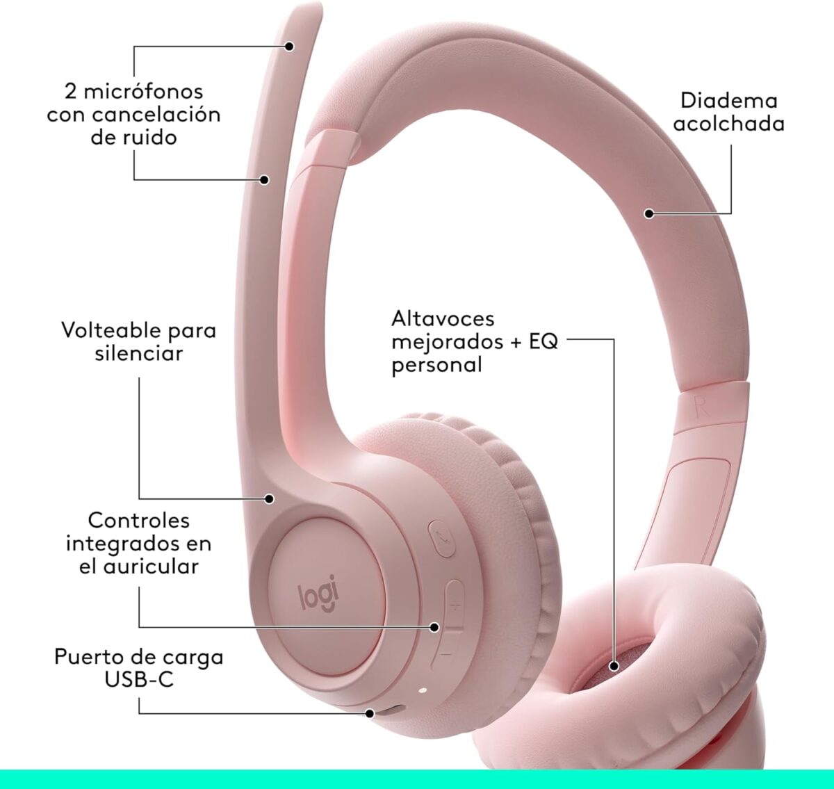 Logitech Zone 300 Rose - Audífono inalámbrico, con micrófono, Rosa - Imagen 9