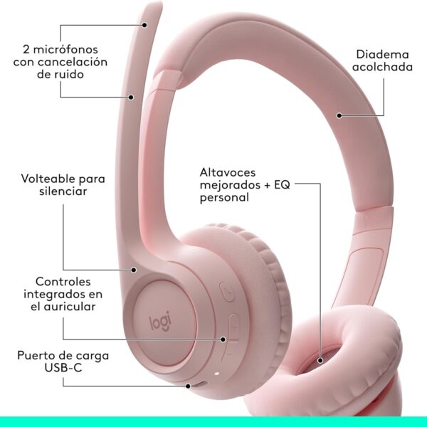 Logitech Zone 300 Rose - Audífono inalámbrico, con micrófono, Rosa - Imagen 9