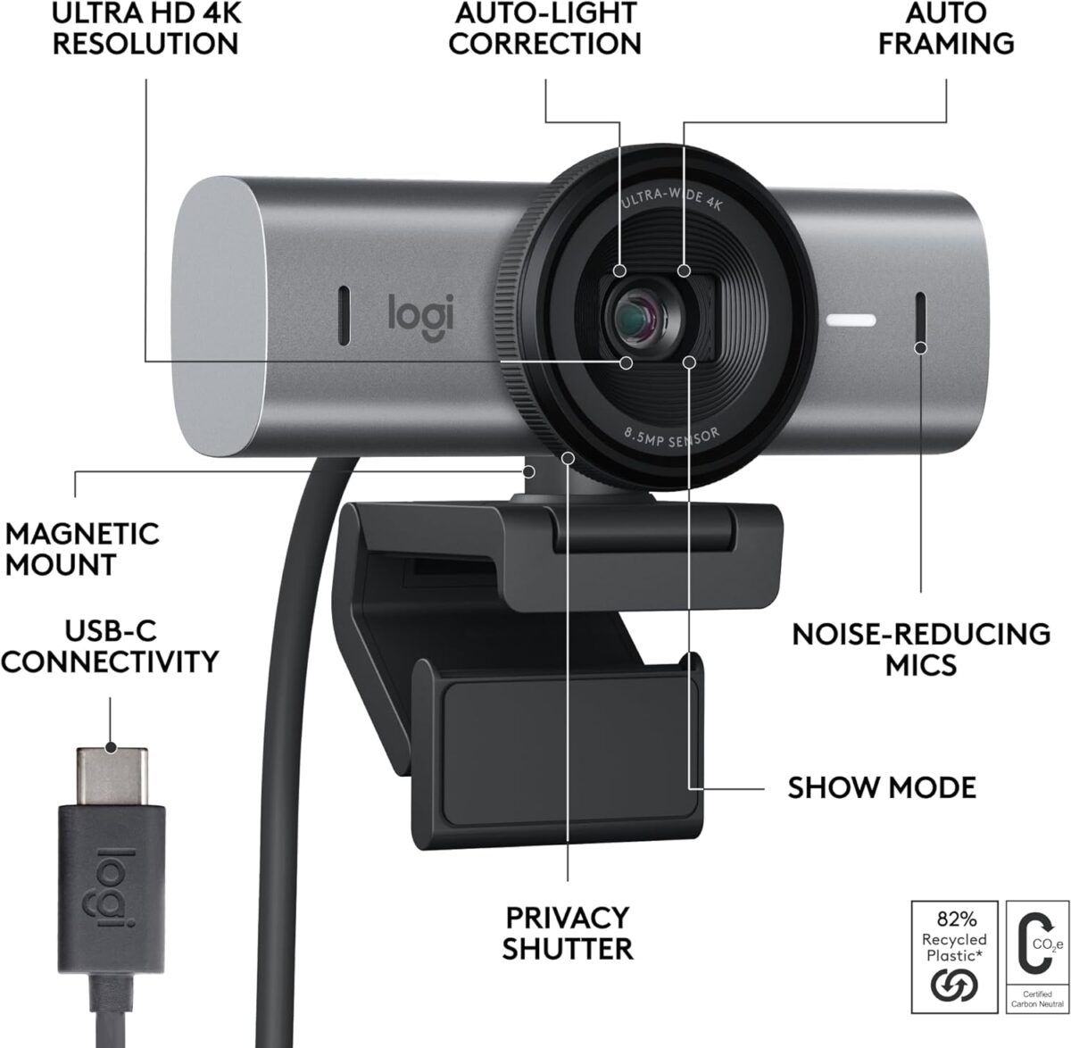 71n4XdFTxrL._AC_SL1500_ Logitech MX Brio — Cámara web Ultra HD 4K, 8.5 MP, USB-C, Grafito - Imagen 6