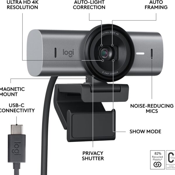 Logitech MX Brio — Cámara web Ultra HD 4K, 8.5 MP, USB-C, Grafito - Imagen 6