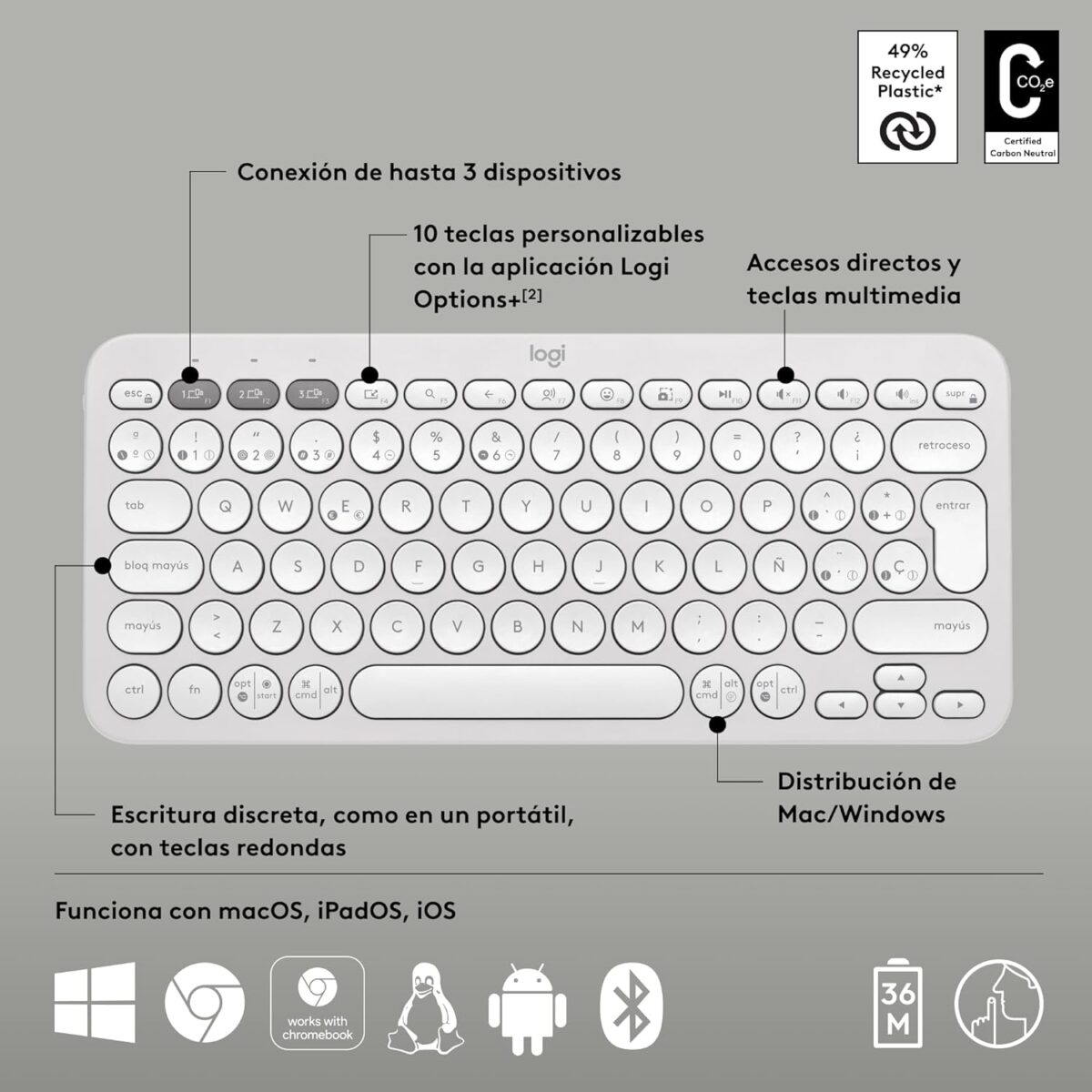 Logitech Pebble Keys 2 K380S White — Teclado inalámbrico, Bluetooth, Español - Imagen 4