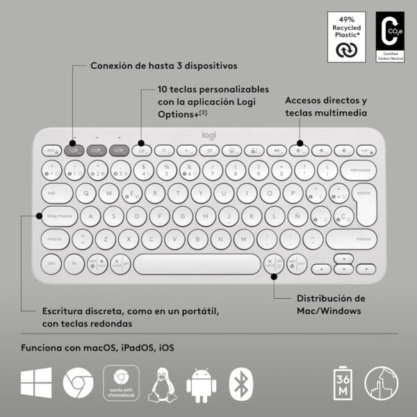 Logitech Pebble Keys 2 K380S White — Teclado inalámbrico, Bluetooth, Español - Imagen 4