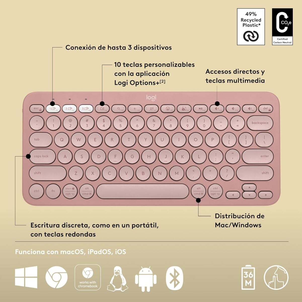 Logitech Pebble Keys 2 K380S Rose — Teclado inalámbrico, Bluetooth, Español - Imagen 4