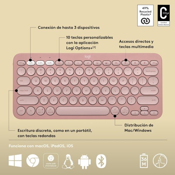 Logitech Pebble Keys 2 K380S Rose — Teclado inalámbrico, Bluetooth, Español - Imagen 4