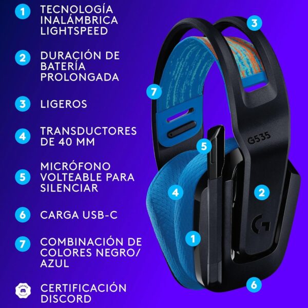 Logitech G535 LIGHTSPEED Black/Blue — Wireless Gaming Headset, para PS5 - Imagen 8