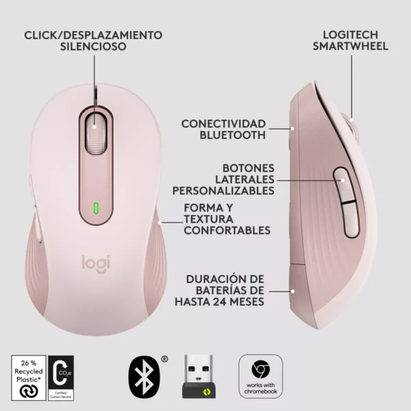 Logitech Signature M650 Rose — Mouse Inalámbrico, Bluetooth, para manos pequeñas - Imagen 9