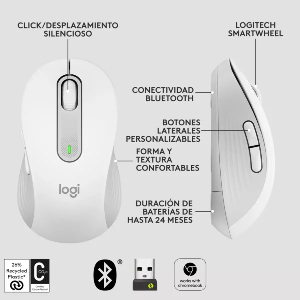 Logitech Signature M650 White — Mouse Inalámbrico, Bluetooth, para manos pequeñas, blanco - Imagen 9