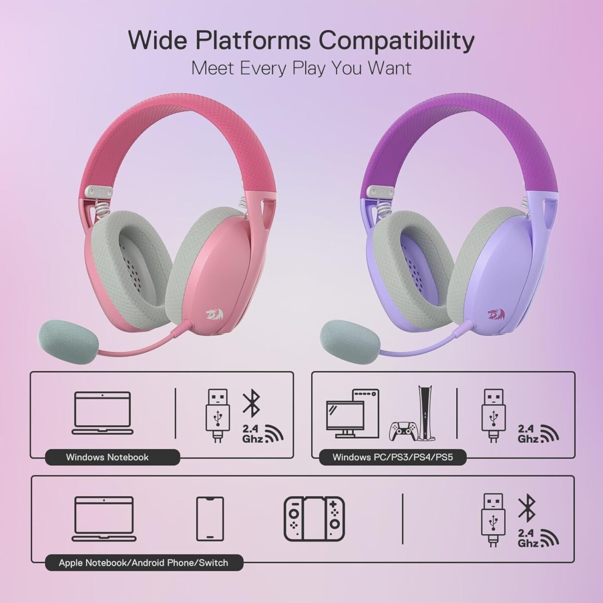 71ifde2Ro5L._SL1500_ Redragon Ire Pro H848 Purple — Audífono inalámbrico, bluetooth - Imagen 4