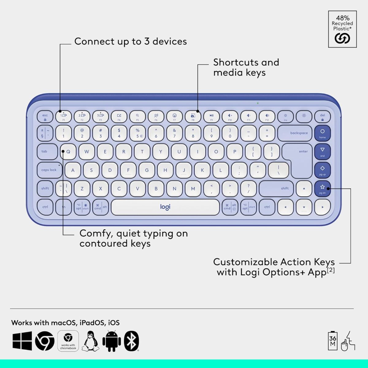Logitech Pop Icon Combo Lilac — Teclado y mouse inalámbrico, Bluetooth, español, Lila y Blanco - Imagen 9