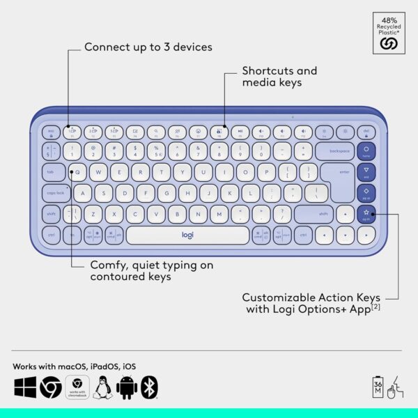 Logitech Pop Icon Combo Lilac — Teclado y mouse inalámbrico, Bluetooth, español, Lila y Blanco - Imagen 9