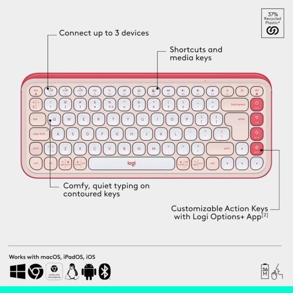 Logitech Pop Icon Combo Rose — Teclado y mouse inalámbrico, Bluetooth, español, Rosado y Blanco - Imagen 9