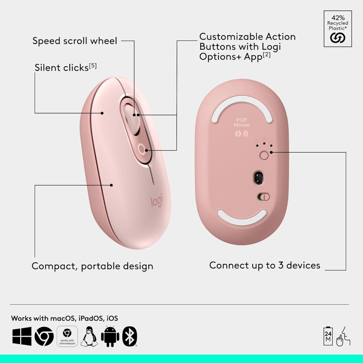 Logitech Pop Icon Combo Rose — Teclado y mouse inalámbrico, Bluetooth, español, Rosado y Blanco - Imagen 8