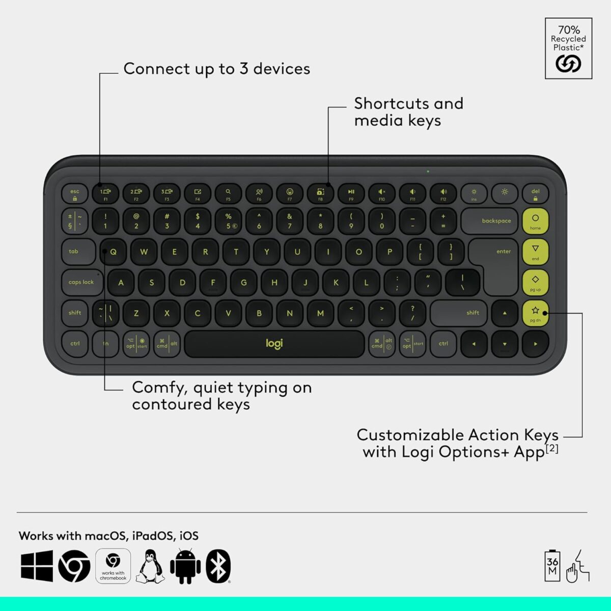 Logitech Pop Icon Combo Graphite Lime — Teclado y mouse inalámbrico, Bluetooth, español, Grafito y Verde - Imagen 9