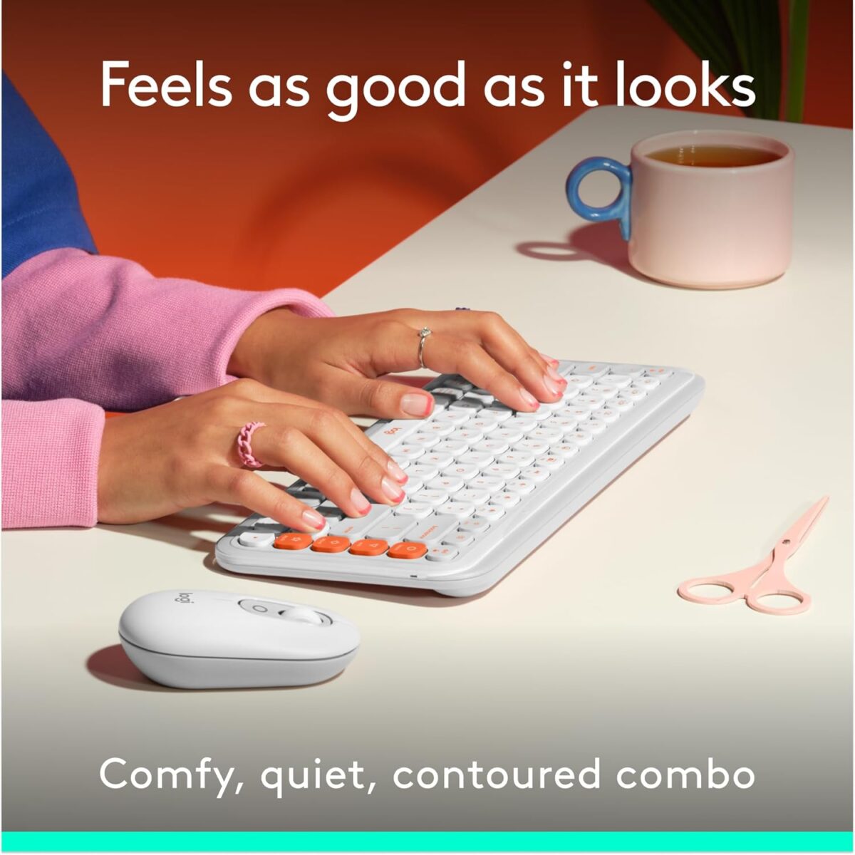 71l8ljS6dGL._AC_SL1500_ Logitech Pop Icon Combo Blanco y Naranja — Teclado y mouse inalámbrico, Bluetooth, español - Imagen 5