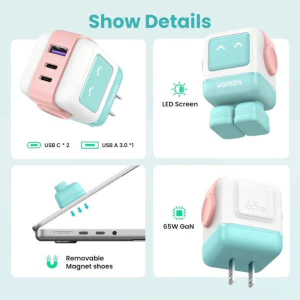UGREEN Uno 65W Pink Blue — Cargador de 3 puertos GaN, carga rápida, 2 puertos USB-C, 1 puerto USB-A, azul rosa - Imagen 3