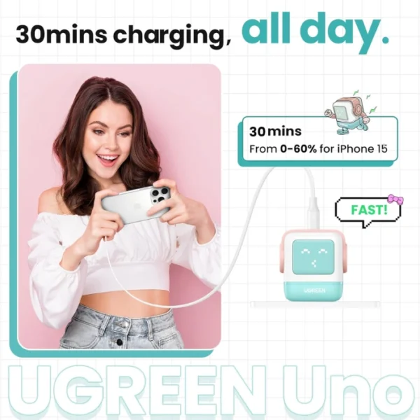 UGREEN Uno 30W Pink Blue — Cargador de carga rápida GaN, 1 puerto USB-C, azul rosa - Imagen 6