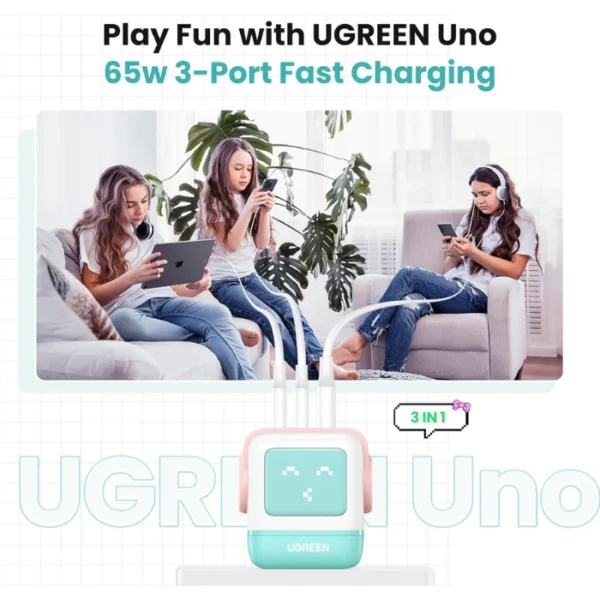 UGREEN Uno 65W Pink Blue — Cargador de 3 puertos GaN, carga rápida, 2 puertos USB-C, 1 puerto USB-A, azul rosa - Imagen 5