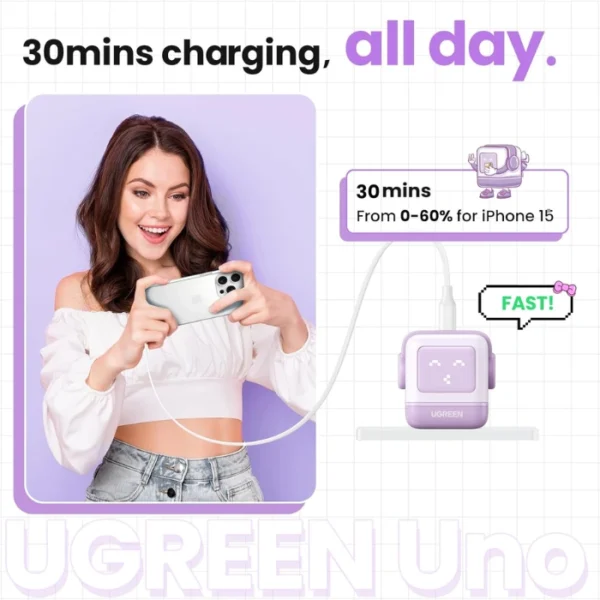 UGREEN Uno 30W Purple  — Cargador de carga rápida GaN, 1 puerto USB-C, lila - Imagen 6