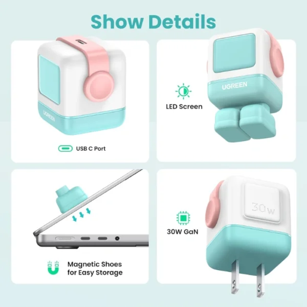 UGREEN Uno 30W Pink Blue — Cargador de carga rápida GaN, 1 puerto USB-C, azul rosa - Imagen 3