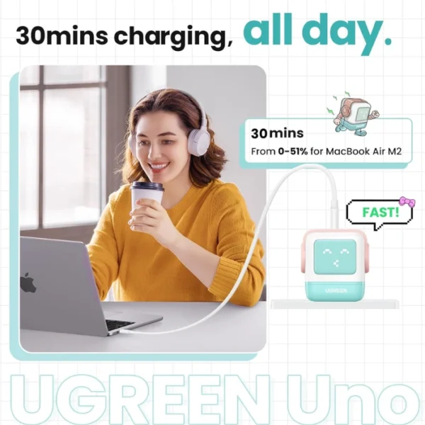 UGREEN Uno 65W Pink Blue — Cargador de 3 puertos GaN, carga rápida, 2 puertos USB-C, 1 puerto USB-A, azul rosa - Imagen 7