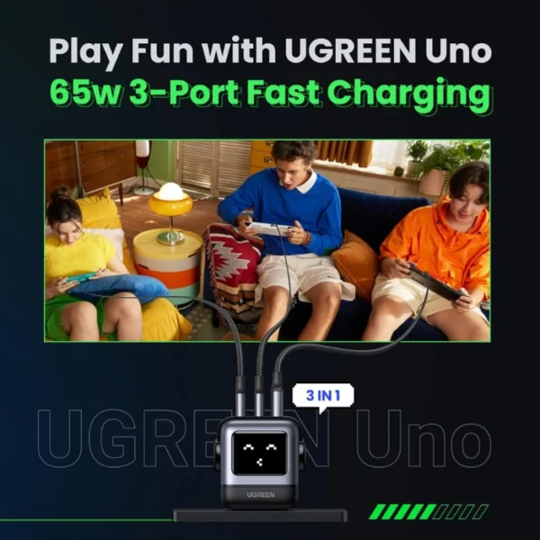 UGREEN Uno 65W Black — Cargador de 3 puertos GaN, carga rápida, 2 puertos USB-C, 1 puerto USB-A, negro - Imagen 5