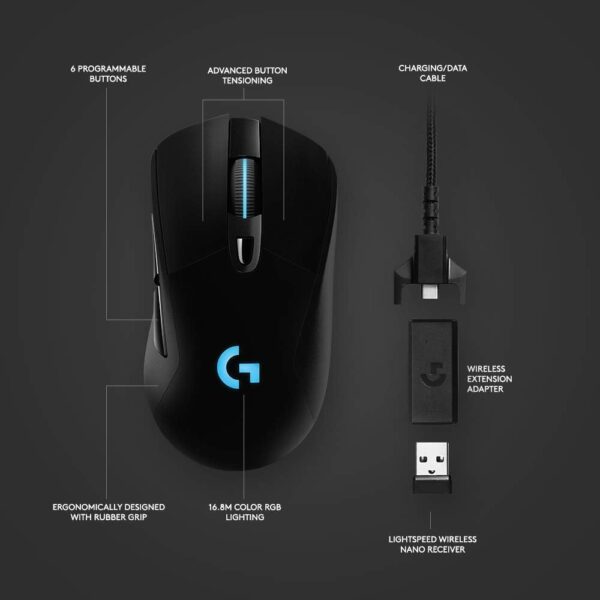 Logitech G703 LIGHTSPEED — Mouse Inalámbrico, 25K Sensor, PowerPlay Compatible - Imagen 2