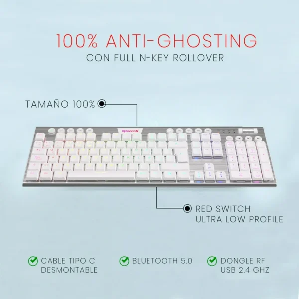 Redragon K618 Horus FS White — Teclado mecánico, inalámbrico, Bluetooth, RGB, Blanco, español - Imagen 6